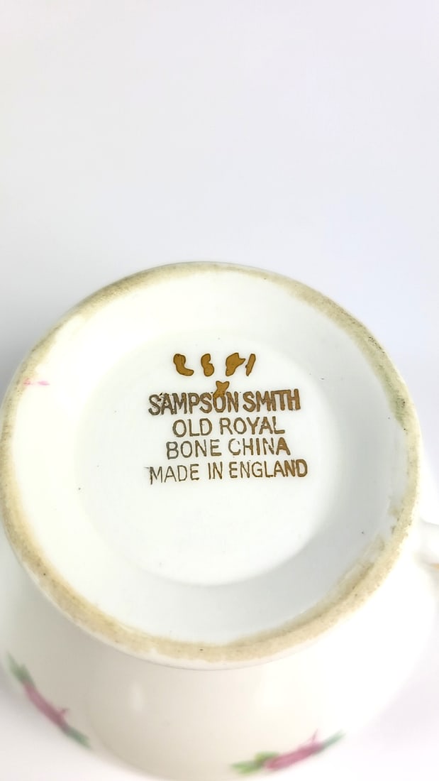 Vintage Sampson Smith Old Royal Bone China Floral Teacup and Saucer Set - Pink Roses, Gold Trim - 4