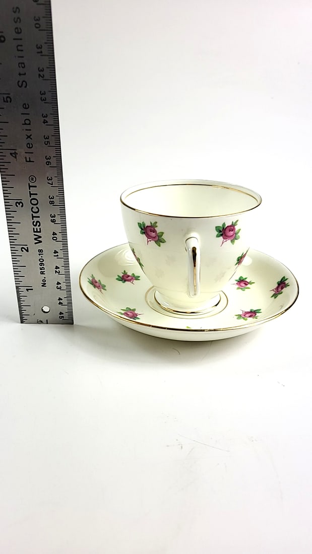 Vintage Sampson Smith Old Royal Bone China Floral Teacup and Saucer Set - Pink Roses, Gold Trim - 5