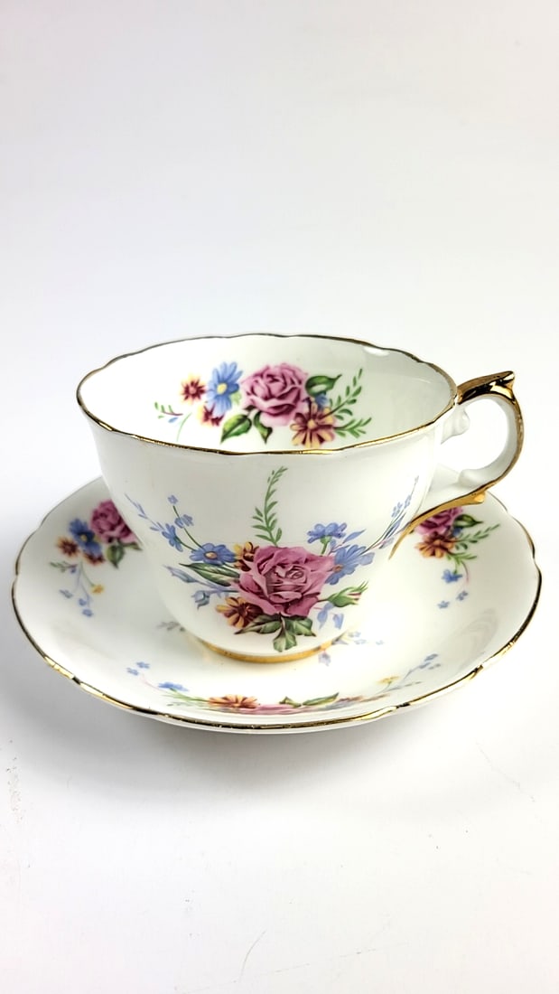 Regency Bone China Floral Fine China Tea Cup & Saucer Set - Rose & Blue Flower Design, Gold Trim (1 of 5)