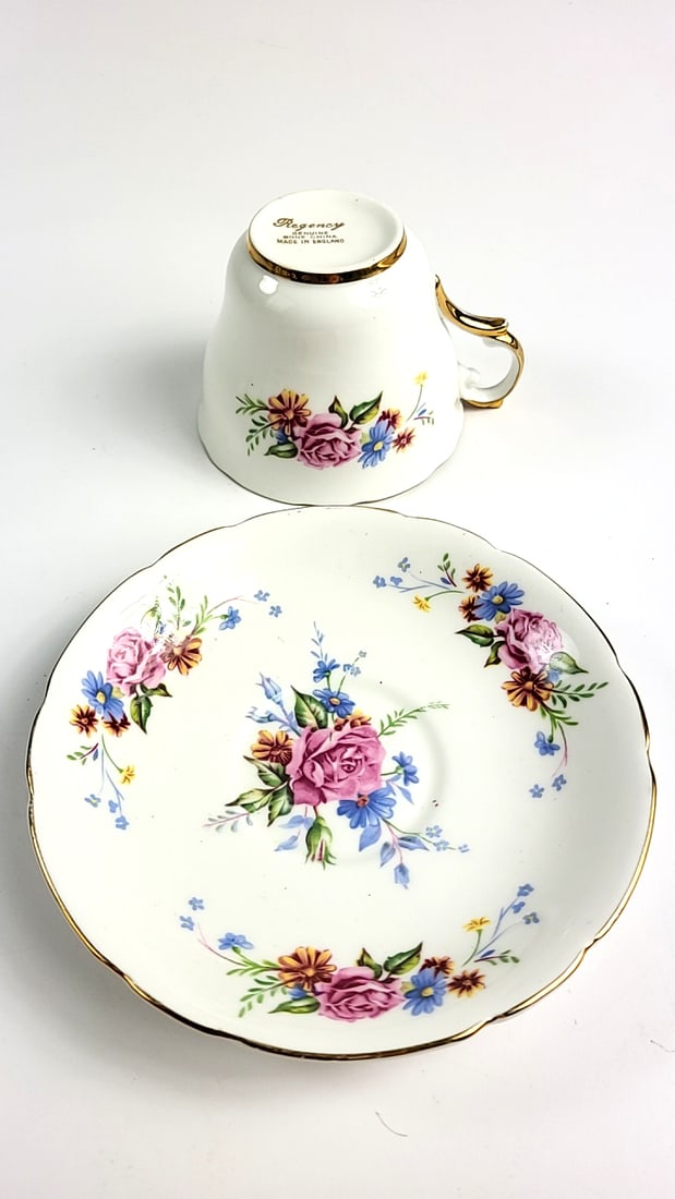 Regency Bone China Floral Fine China Tea Cup & Saucer Set - Rose & Blue Flower Design, Gold Trim - 2
