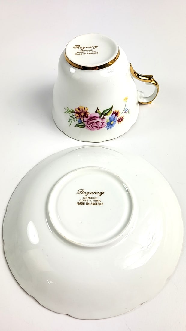 Regency Bone China Floral Fine China Tea Cup & Saucer Set - Rose & Blue Flower Design, Gold Trim - 3