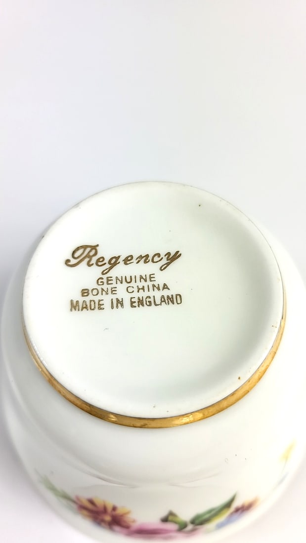 Regency Bone China Floral Fine China Tea Cup & Saucer Set - Rose & Blue Flower Design, Gold Trim - 4