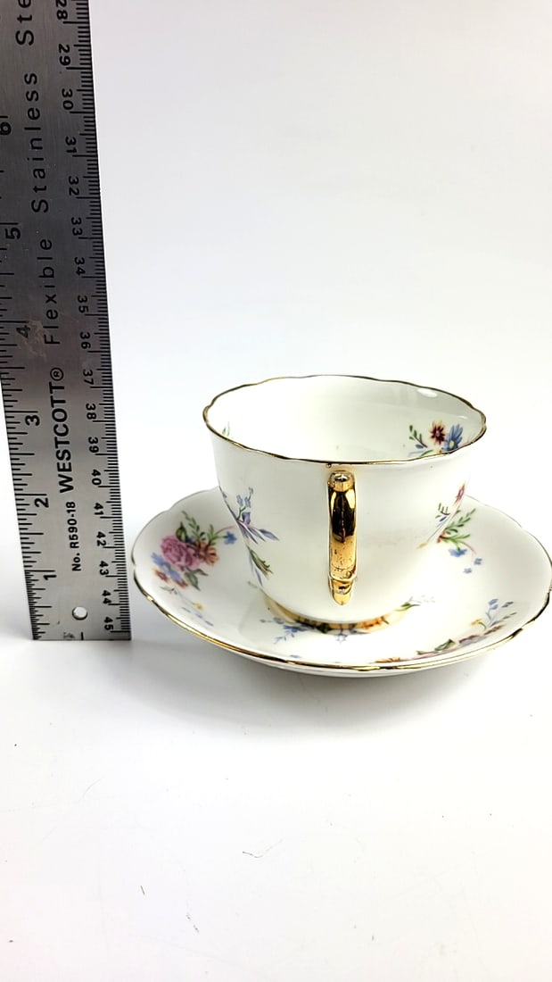 Regency Bone China Floral Fine China Tea Cup & Saucer Set - Rose & Blue Flower Design, Gold Trim - 5