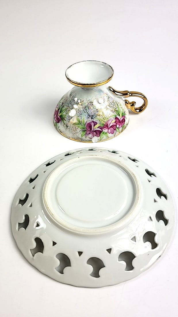 Vintage Unbranded Iridescent China Porcelain Tea Cup & Saucer Set Floral Design Gold Trim - 3