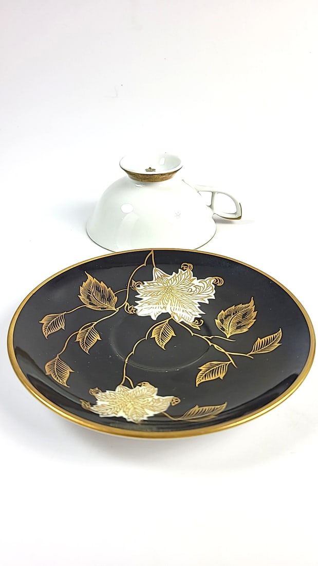 Vintage Schumann Arzberg Bavaria Gold China Floral Black Teacup and Saucer Set Elegant Design Col... - 2