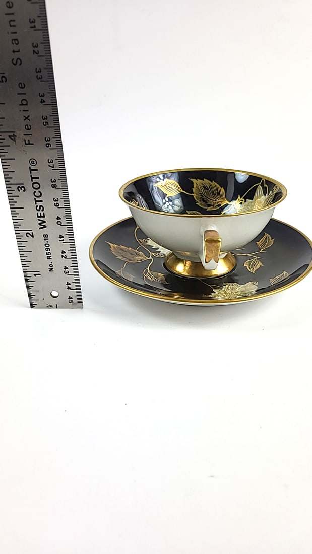 Vintage Schumann Arzberg Bavaria Gold China Floral Black Teacup and Saucer Set Elegant Design Col... - 5