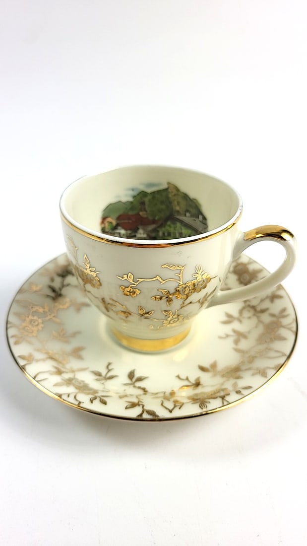 Vintage Bavaria Mini Gold Floral Tea Cup and Saucer with Scenic Interior Design (1 of 6)