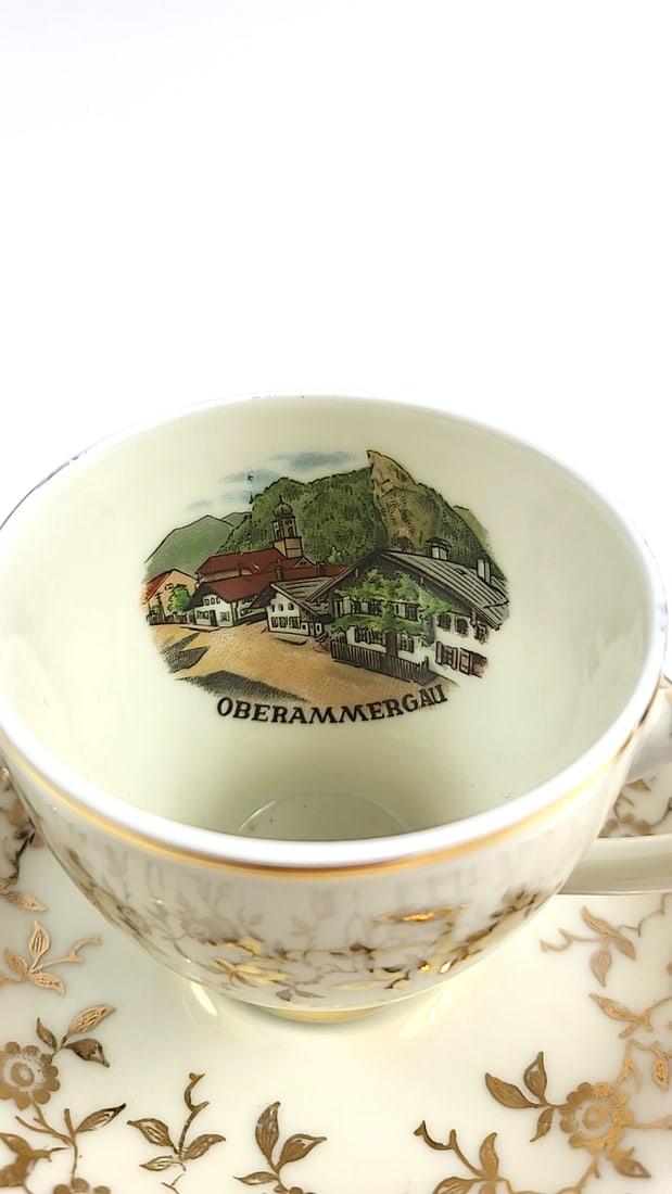 Vintage Bavaria Mini Gold Floral Tea Cup and Saucer with Scenic Interior Design - 2