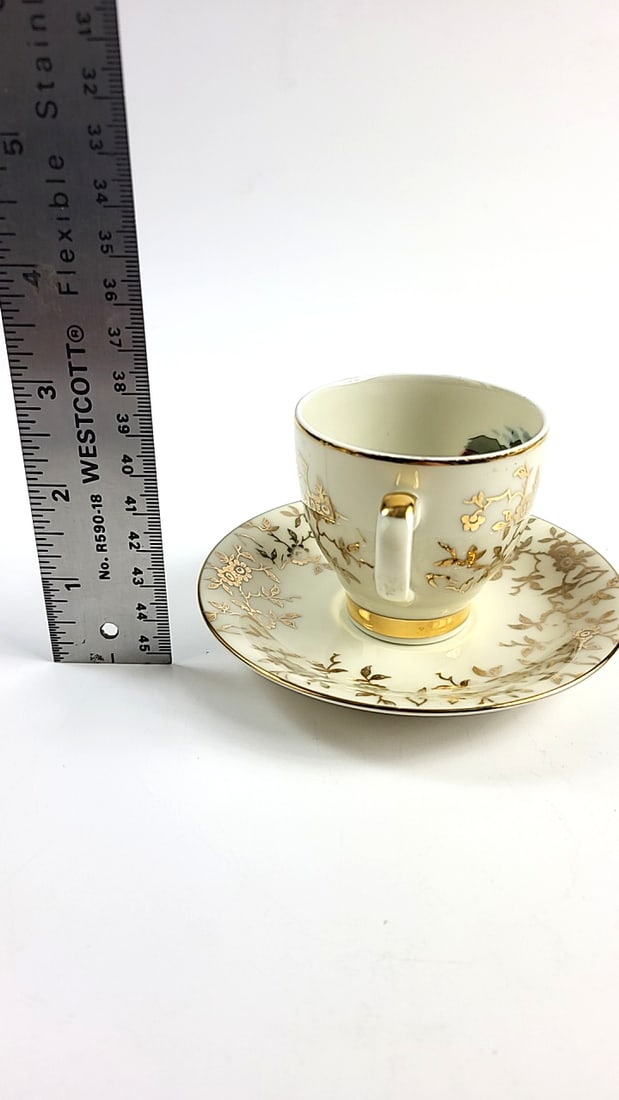 Vintage Bavaria Mini Gold Floral Tea Cup and Saucer with Scenic Interior Design - 6