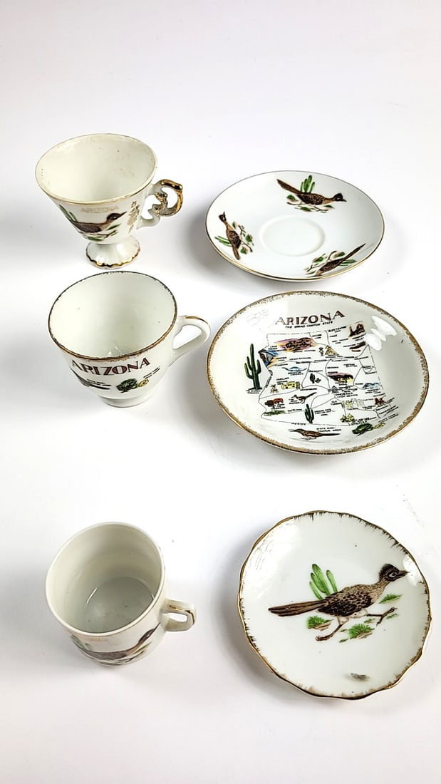 Arizona Themed Porcelain Demitasse Cups & Saucers Set, Roadrunner, Cactus Design - 2