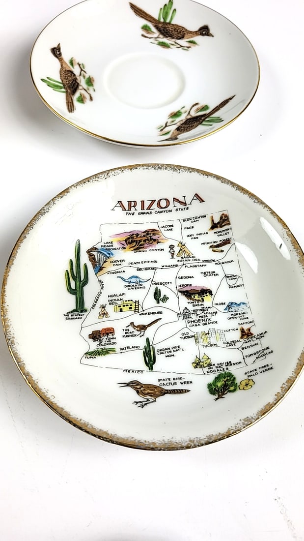 Arizona Themed Porcelain Demitasse Cups & Saucers Set, Roadrunner, Cactus Design - 3