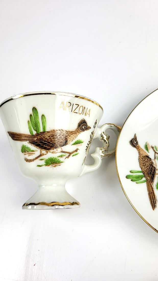 Arizona Themed Porcelain Demitasse Cups & Saucers Set, Roadrunner, Cactus Design - 5