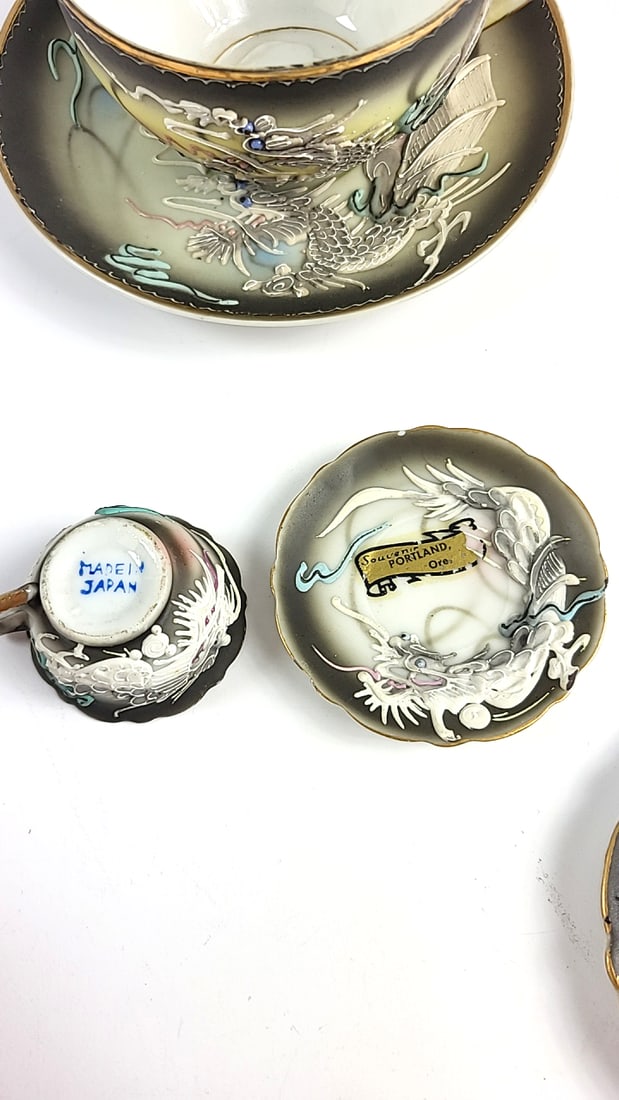 Antique Dragon Motif Tea Cup Set with Saucer, Black & Gold Trim, Oriental Design Made In Japan - 2