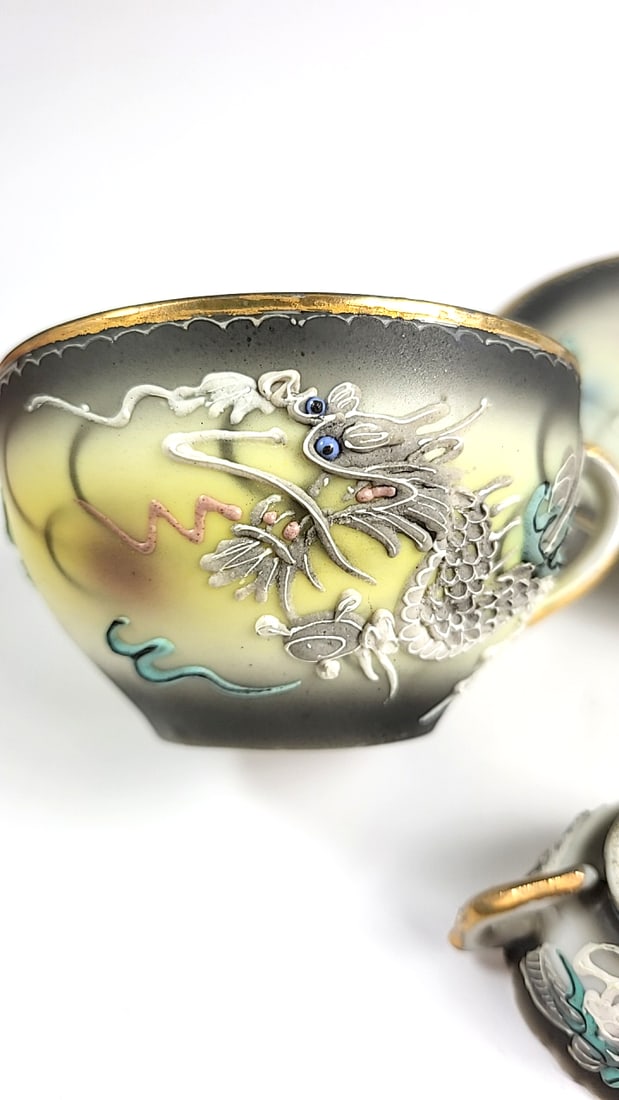 Antique Dragon Motif Tea Cup Set with Saucer, Black & Gold Trim, Oriental Design Made In Japan - 3