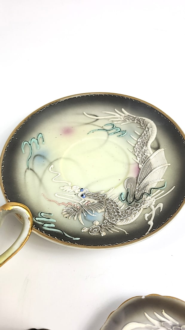 Antique Dragon Motif Tea Cup Set with Saucer, Black & Gold Trim, Oriental Design Made In Japan - 4