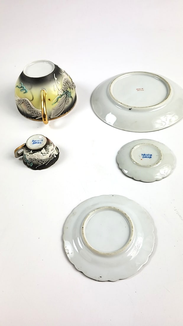 Antique Dragon Motif Tea Cup Set with Saucer, Black & Gold Trim, Oriental Design Made In Japan - 5
