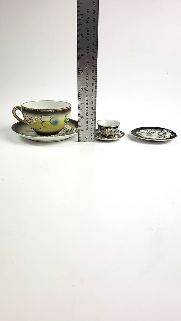 Antique Dragon Motif Tea Cup Set with Saucer, Black & Gold Trim, Oriental Design Made In Japan - 8
