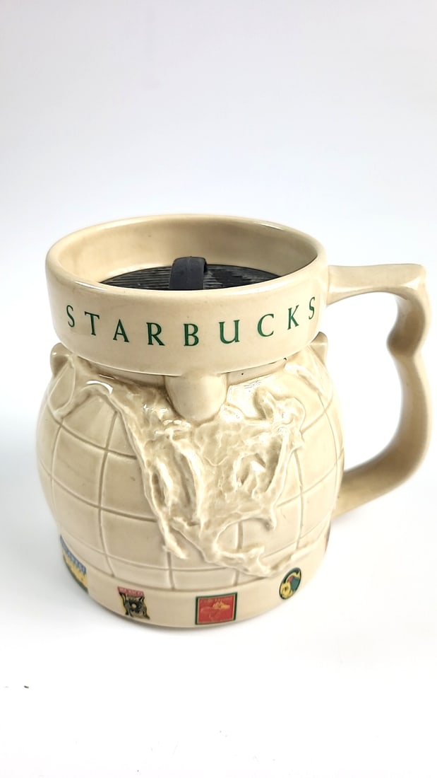 Vintage Starbucks Globe Relief Mug with Lid - Embossed World Map Design, Beige (1 of 9)