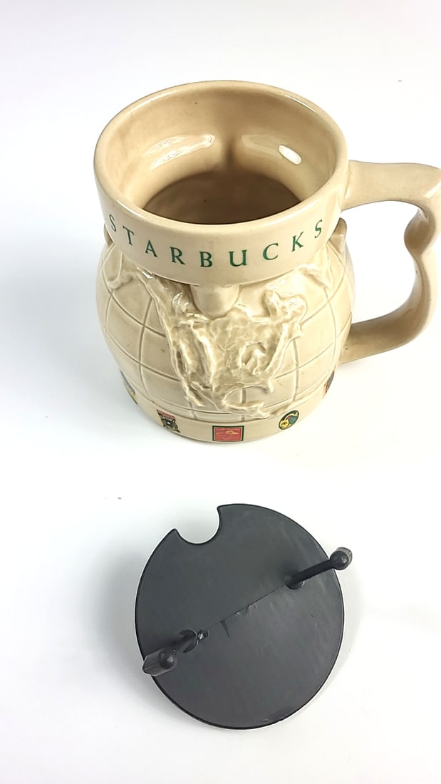 Vintage Starbucks Globe Relief Mug with Lid - Embossed World Map Design, Beige - 2
