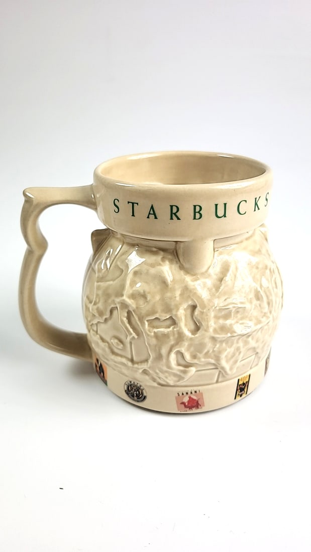 Vintage Starbucks Globe Relief Mug with Lid - Embossed World Map Design, Beige - 4