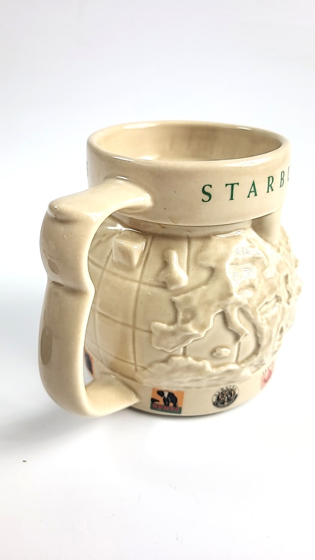 Vintage Starbucks Globe Relief Mug with Lid - Embossed World Map Design, Beige - 5