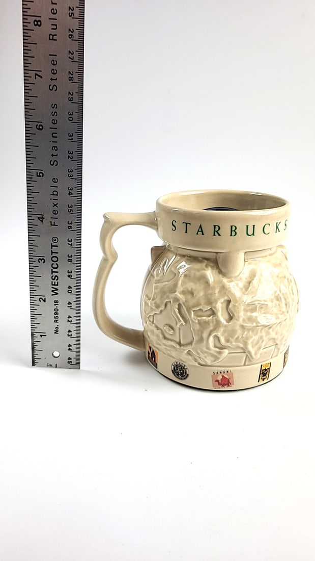 Vintage Starbucks Globe Relief Mug with Lid - Embossed World Map Design, Beige - 8