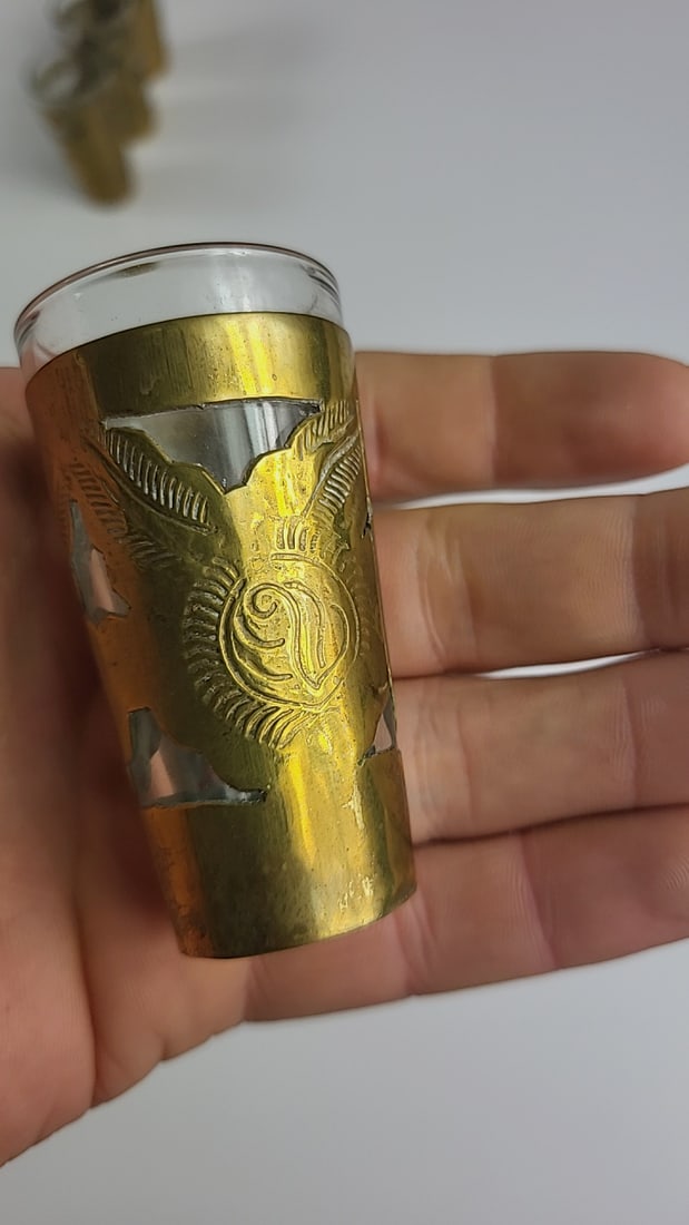 Vintage Gold-Tone Metal Wrapped Shot Glass Set with Metal Tray - 4 Pieces - Decorative Design - 10