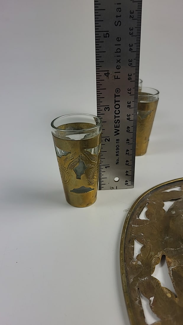 Vintage Gold-Tone Metal Wrapped Shot Glass Set with Metal Tray - 4 Pieces - Decorative Design - 13