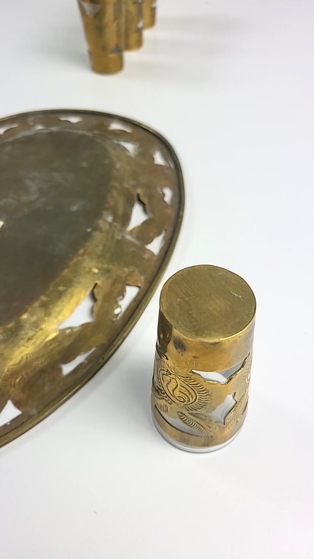 Vintage Gold-Tone Metal Wrapped Shot Glass Set with Metal Tray - 4 Pieces - Decorative Design - 14