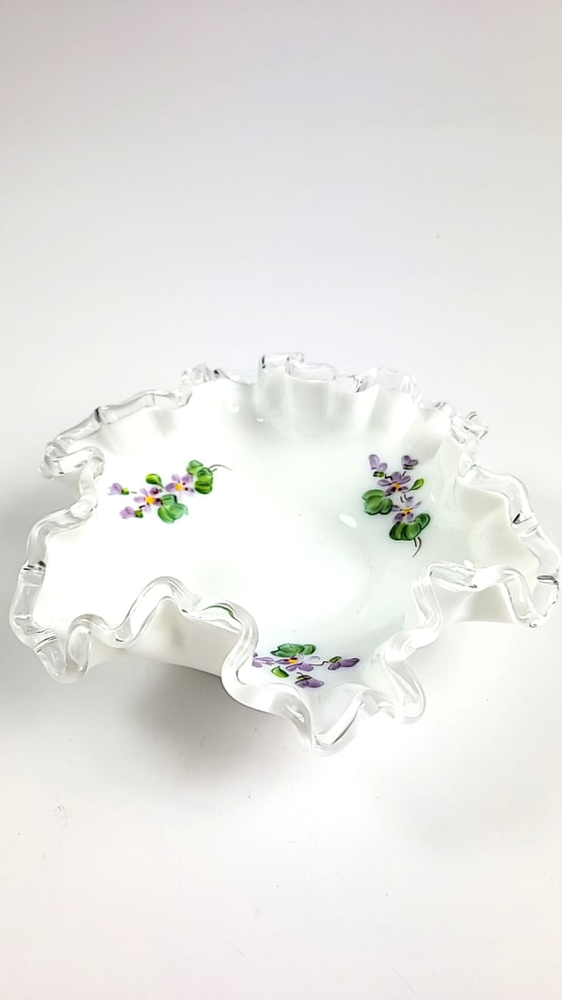 Fenton White Hobnail Ruffled Edge Dish with Hand-Painted Purple Flowers: This is a general auction of estate goods. All items as as pictured. Local pick up will be on 3/14 at our warehouse in Sodo (3429 Airport Way S) from 10am-1pm. Items not picked up will be subjec
