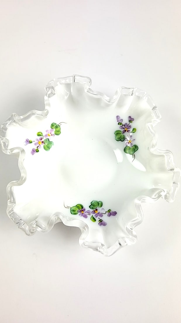 Fenton White Hobnail Ruffled Edge Dish with Hand-Painted Purple Flowers - 2