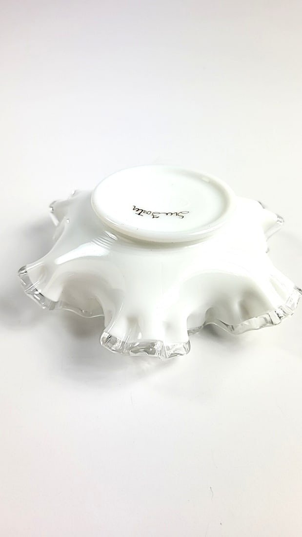 Fenton White Hobnail Ruffled Edge Dish with Hand-Painted Purple Flowers - 3