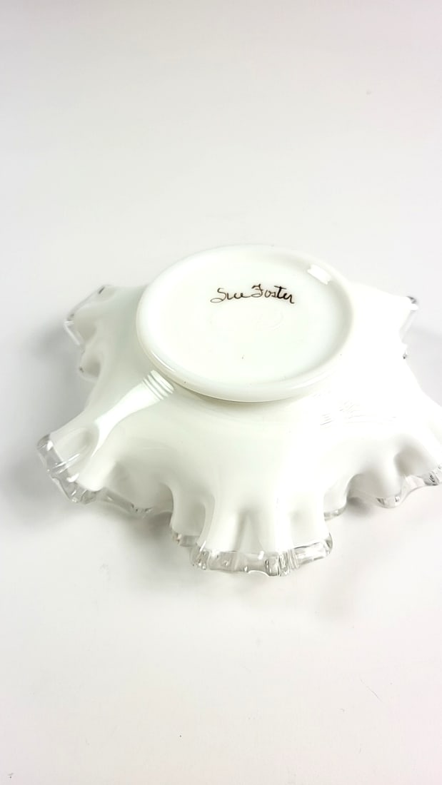 Fenton White Hobnail Ruffled Edge Dish with Hand-Painted Purple Flowers - 5