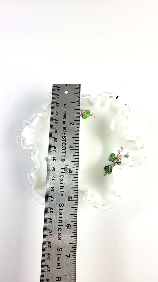 Fenton White Hobnail Ruffled Edge Dish with Hand-Painted Purple Flowers - 7