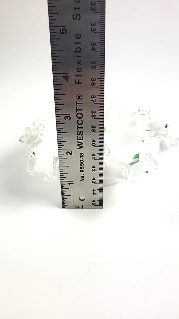 Fenton White Hobnail Ruffled Edge Dish with Hand-Painted Purple Flowers - 8