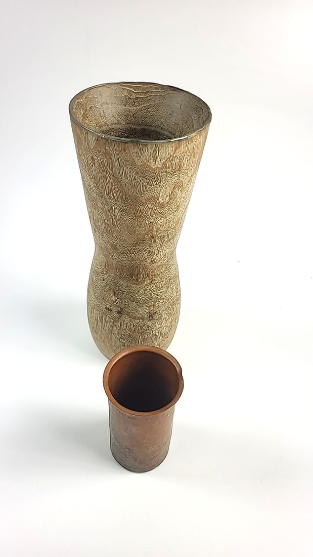 Vintage Bamboo Vase With Removable Copper Inner Made In Japan Decorative Tan Patterned Unique Des... - 4