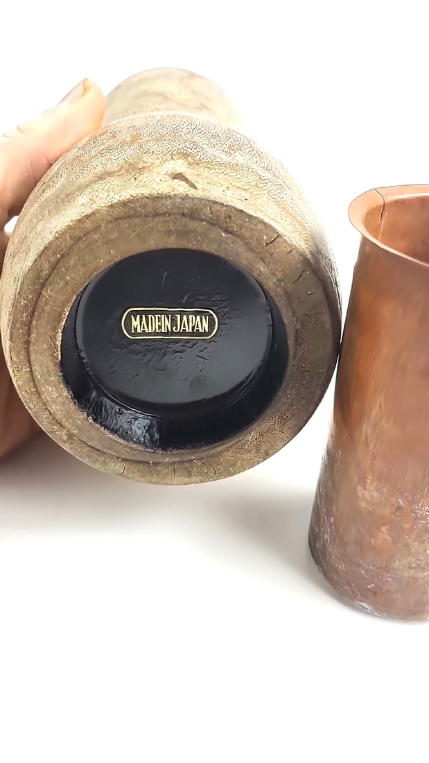 Vintage Bamboo Vase With Removable Copper Inner Made In Japan Decorative Tan Patterned Unique Des... - 6