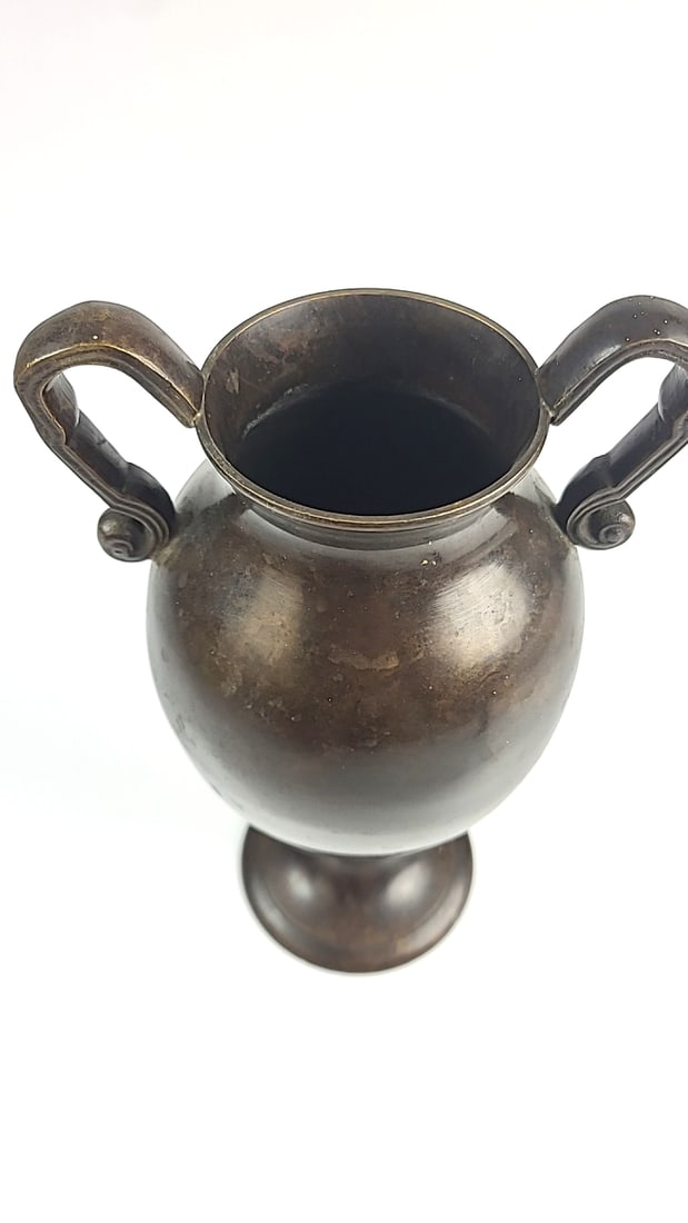 Vintage Metal Vase with Dual Handles - Antique Decorative Urn, Brown Finish, Feels like Brass - 2