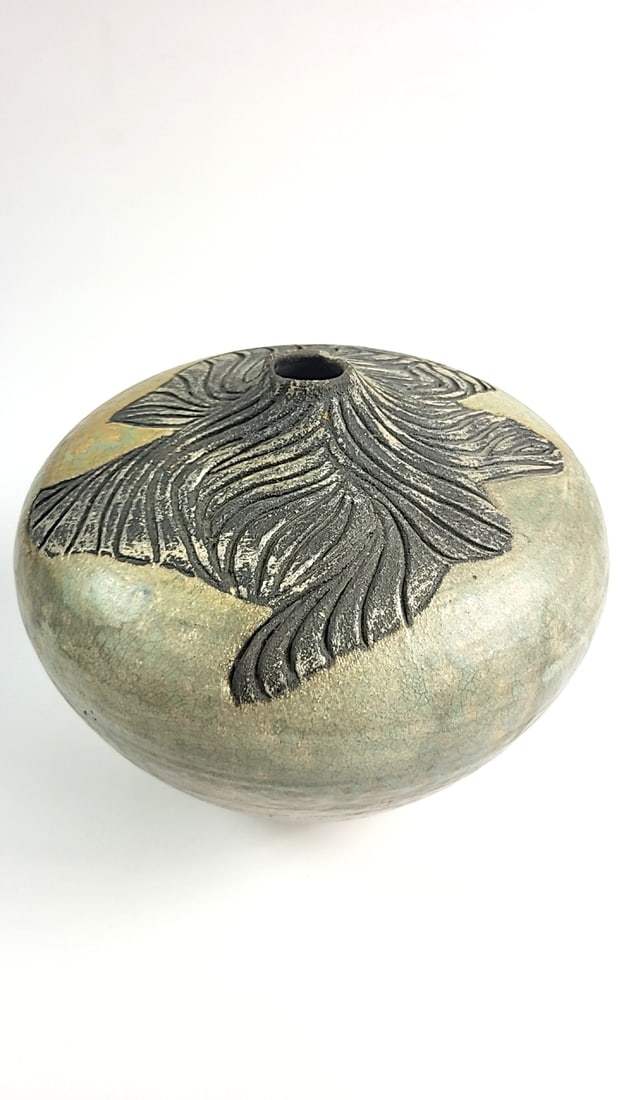 Raku Ceramic Vase with Textured Leaf Design Signed Mathey 2006 (1 of 5)