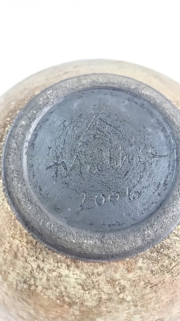 Raku Ceramic Vase with Textured Leaf Design Signed Mathey 2006 - 3