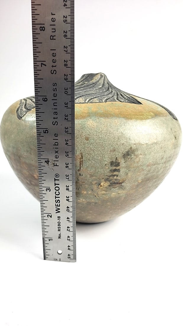 Raku Ceramic Vase with Textured Leaf Design Signed Mathey 2006 - 4