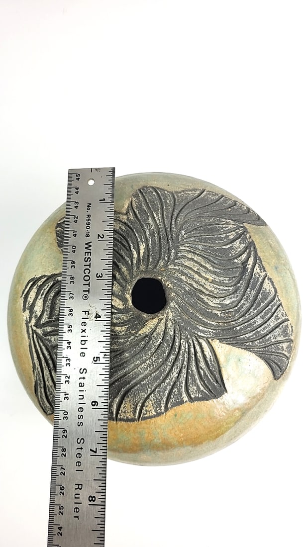 Raku Ceramic Vase with Textured Leaf Design Signed Mathey 2006 - 5