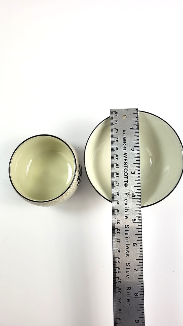 Vintage OMC Japan Ceramic Tea Bowls with Kanji Calligraphy - Beige Interior, Set of 2 - 10