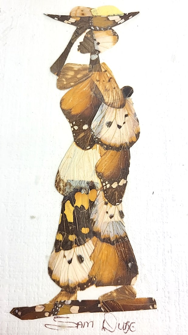 Vintage Sam Dube African Artist 7" x 5.5" Framed Art Pair - Butterfly Wing Collage Figures - 2