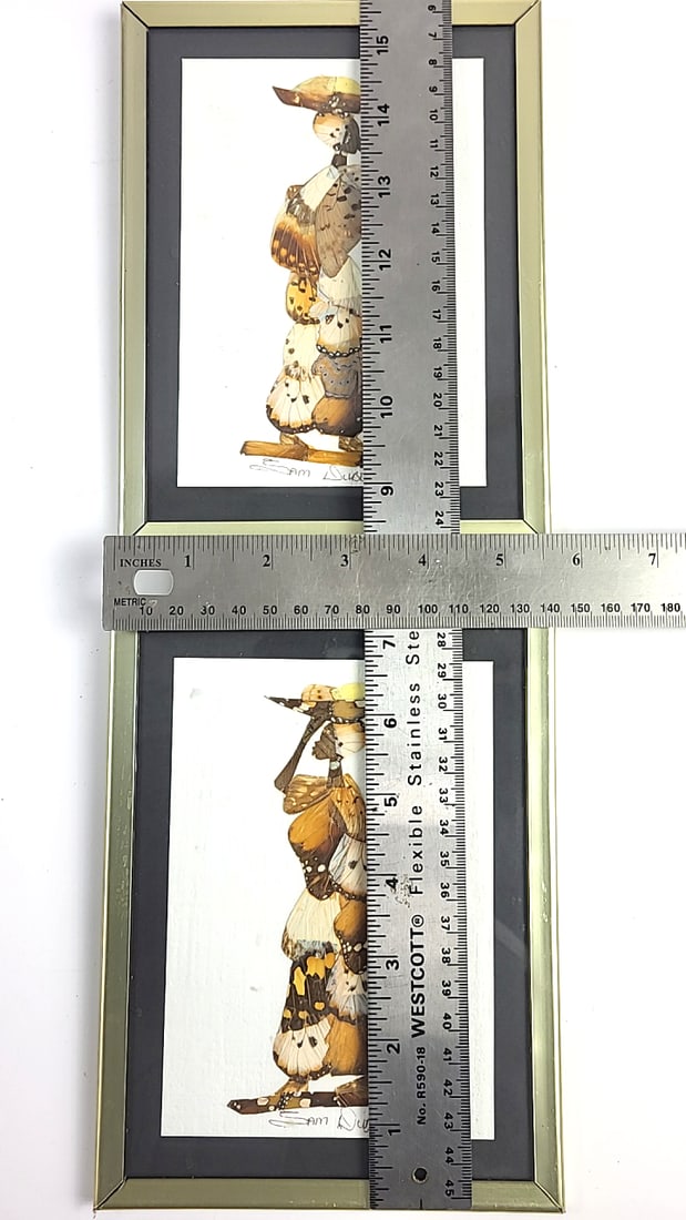 Vintage Sam Dube African Artist 7" x 5.5" Framed Art Pair - Butterfly Wing Collage Figures - 5