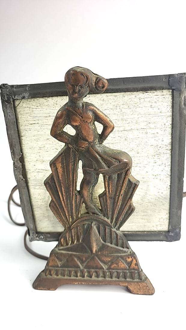 Art Deco Lamp - Metal Figurine Glass Backing Frame Vintage Bronze Finish Geometric Design (1 of 8)