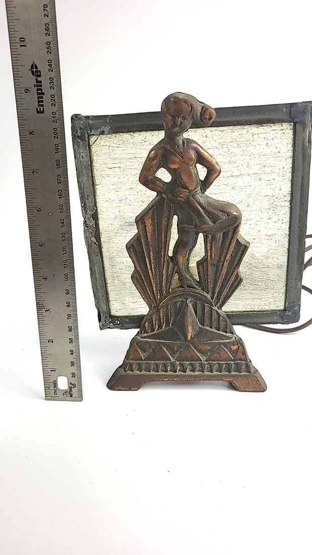 Art Deco Lamp - Metal Figurine Glass Backing Frame Vintage Bronze Finish Geometric Design - 3