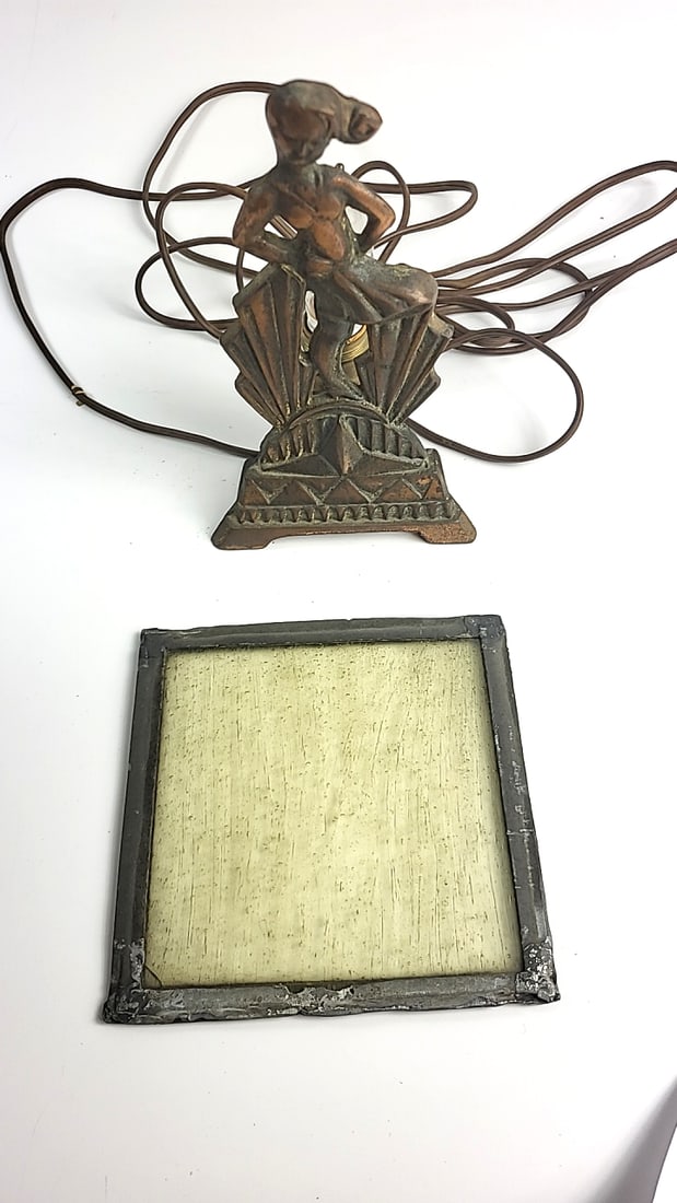 Art Deco Lamp - Metal Figurine Glass Backing Frame Vintage Bronze Finish Geometric Design - 4