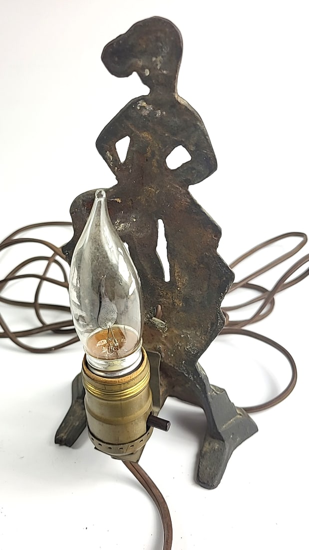 Art Deco Lamp - Metal Figurine Glass Backing Frame Vintage Bronze Finish Geometric Design - 5