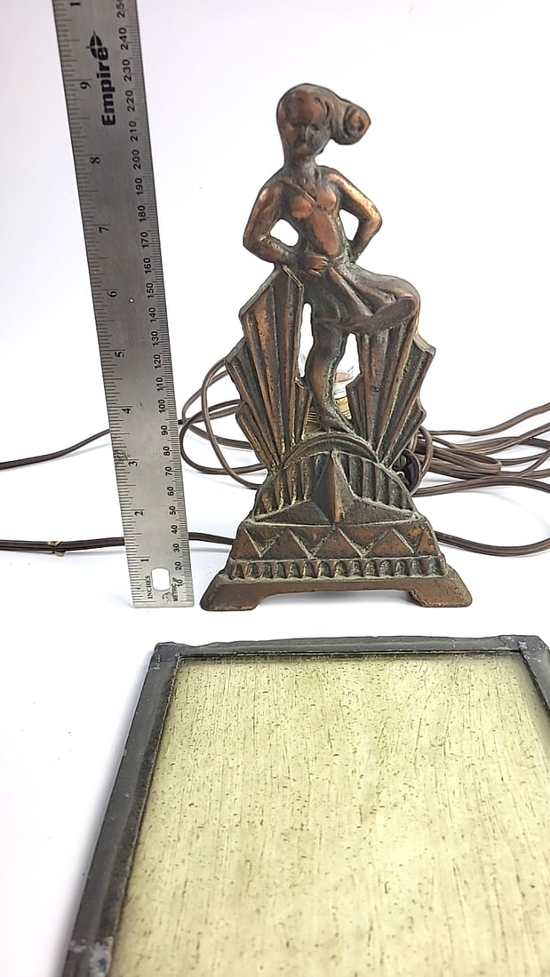 Art Deco Lamp - Metal Figurine Glass Backing Frame Vintage Bronze Finish Geometric Design - 7